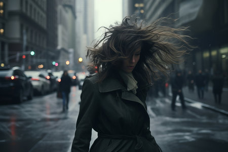 Beautiful young woman withstanding strong wind on rainy day in a city street. Windy weather. Generative AI.の素材