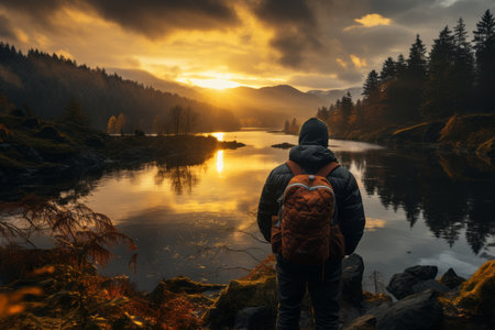 Man admiring beautiful landcape on scenic sunset. Adventurous young man with backpack. Hiking and trekking on a nature trail. Traveling by foot. Generative AI.の素材