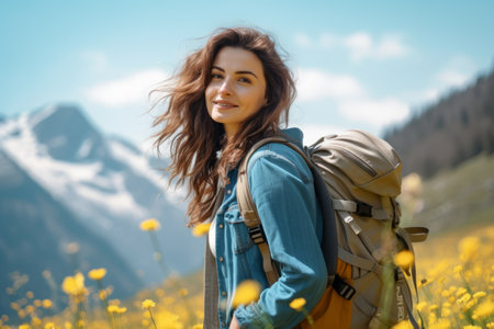 Female hiker standing in flowering alpine meadow and admiring a scenic view from a mountain top. Adventurous young girl with a backpack. Hiking and trekking on a nature trail. Generative AI.の素材