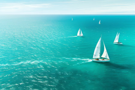 Aerial view of white yachts sailing in turquoise lagoon. Travelling and holiday concept. Generative AI.の素材