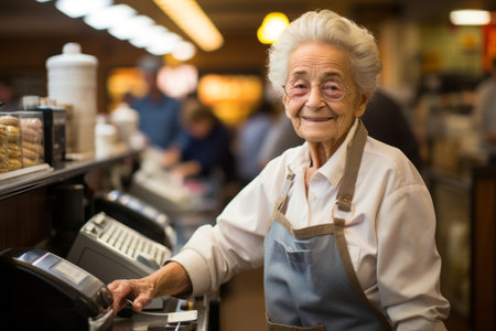 Beautiful senior woman working at the counter of grocery shop. Elderly woman at the cash register. Employment options for elderly people. Generative AI.の素材