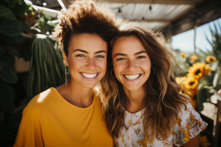 Two beautiful girls expressing positive emotions to camera. Young friends hugging each other on sunny day. Generative AI.の素材
