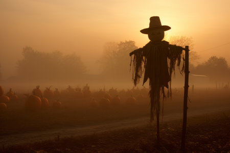 Scarecrow standing in a field on foggy morning. Halloween celebration. Generative AI.の素材