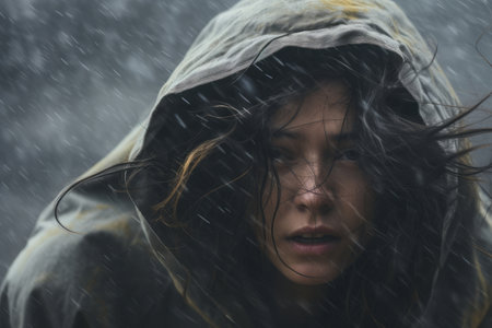 Beautiful young woman withstanding strong wind on rainy day in a city street. Windy weather. Generative AI.の素材