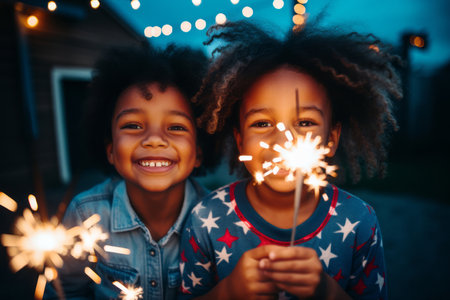 Two cheerful toddlers wearing red and blue clothes holding sparklers in garden at dusk on independence day, USA. July 4th celebration. Generative AI.の素材