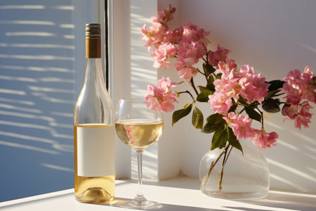 A glass of white wine in a restaurant overlooking beautiful mediterranean landscape. Drinking wine, sunny day in Italy. Generative AI.の素材