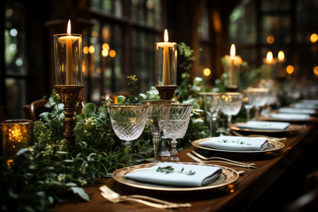 Christmas festive table setting with candles and holly berry plants. Celebrating New Year. Generative AI.の素材