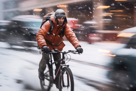A man riding a bicycle in winter city during massive snowfall. Cycling in difficult weather conditions. Motion blur. Generative AI.の素材