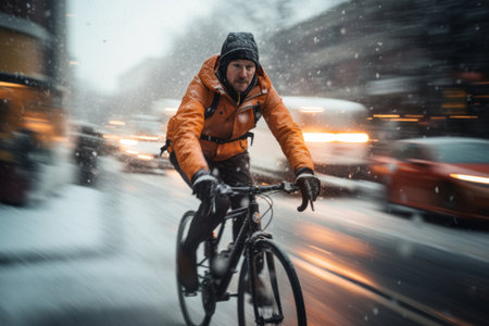 A man riding a bicycle in winter city during massive snowfall. Cycling in difficult weather conditions. Motion blur. Generative AI.の素材