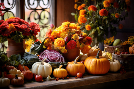 Autumn setting with flowers and pumpkins. Thanksgiving table decoration. Generative AI.の素材