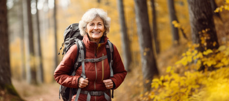 Senior female hiker wearing casual clothes taking a walk in autumn scenery. Adventurous elderly woman with a backpack. Hiking and trekking on a nature trail. Traveling by foot. Generative AI.の素材