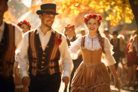Beautiful young cheerful people wearing national costumes participating in traditional Oktoberfest parade in German town. Generative AI.の素材
