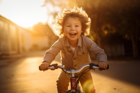 Cute little boy riding a bicycle in summer park. Cheerful little child having fun on a bike on sunny evening. Generative AI.の素材