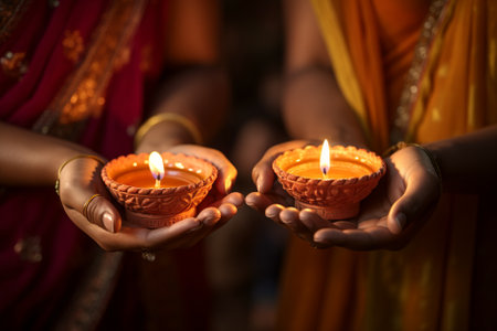 Beautiful young Indian women holding lit candles for Diwali celebration. People participating in Hindu festival, symbolizing the victory of light over darkness. Generative AI.の素材