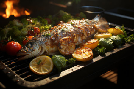 Grilled fish with spices and vegetables on fire. Generative AI.の素材