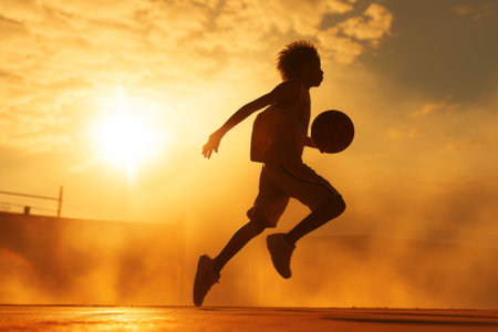 Silhouette of young boy playing basketball on summer morning. Basketball player dribbling a ball at sunset. Generative AI.の素材