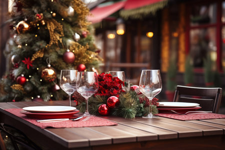 Christmas festive table setting with candles and holly berry plants in outdoor restaurant. Celebrating New Year. Generative AI.の素材