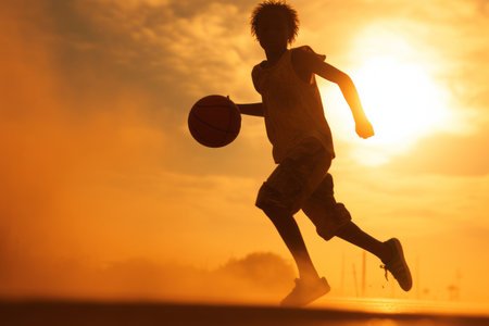 Silhouette of young boy playing basketball on summer morning. Basketball player dribbling a ball at sunset. Generative AI.の素材