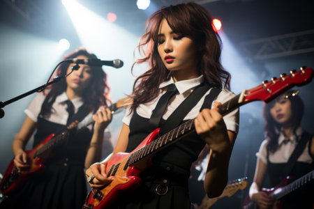 Beautiful Korean girls band playing guitars and singing on stage. Female Asian musicians performing on stage in colorful spotlight. Popular teenage performers concert. Generative AI.の素材