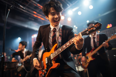 Beautiful Korean boys band playing guitars and singing on stage. Male Asian musicians performing on stage in colorful spotlight. Popular teenage performers concert. Generative AI.の素材
