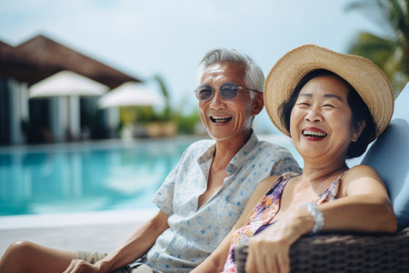 Cheerful Asian senior couple lounging by a pool on sunny summer evening. Retired husband and wife going on vacation. Retirement hobby and leisure activity for elderly people. Generative AI.の素材