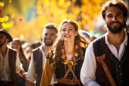 Beautiful young cheerful people wearing national costumes participating in traditional Oktoberfest parade in German town. Generative AI.の素材