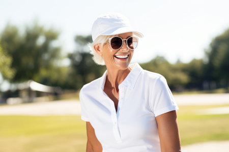 Attractive senior lady wearing white outfit having a good time at a golf course. Elderly female golfer posing on sunny summer day. Hobbies and leisure for elderly people. Generative AI.の素材