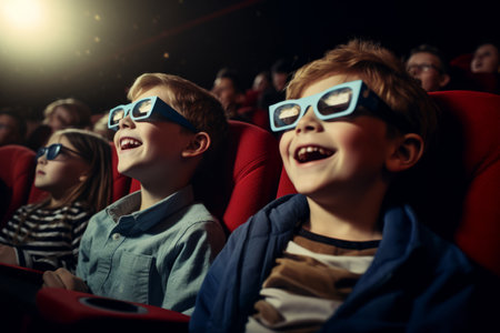 Group of kids wearing 3D-glasses watching a movie in cinema. Children with excited expressions on their faces. Generative AI.の素材