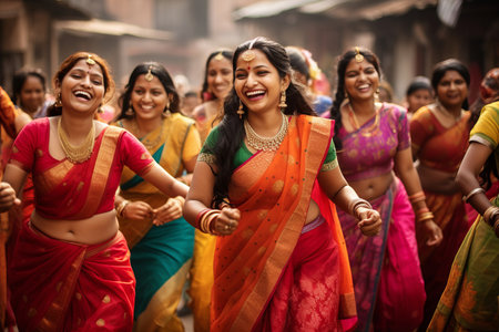 Beautiful Indian women wearing vivid colorful clothes singing and dancing during the Teej festival. Celebrating Hindu holidays. Generative AI.の素材