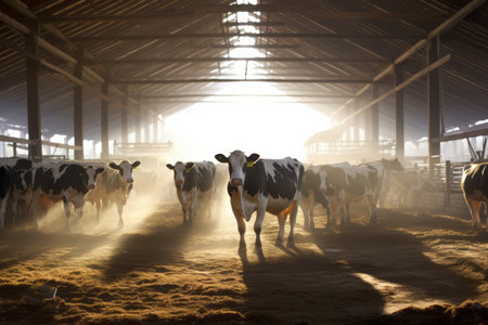Herd of cows in cowshed on dairy farm. Agriculture industry, farming and animal husbandry concept. Generative AI.の素材