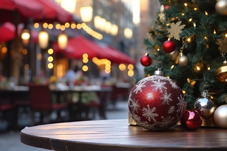 Glass ornaments as a decoration of a wooden table on Christmas market. Decorated and illuminated outdoor tables of a restaurant of cafe. Snowy winter day. Generative AI.の素材
