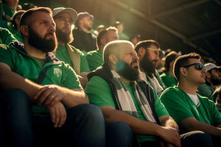 Excited sports fans wearing green clothes celebrating the victory of their team. People chanting and cheering for their soccer team. Young people watching football match. Generative AI.の素材
