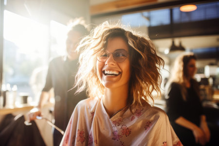 Beautiful young woman getting a haircut at hair salon. Hairstylist doing a hairstyle to a customer at a beauty salon. Generative AI.の素材