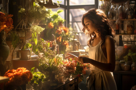 Beautiful young female florist working in flower shop on sunny morning. Young girl wearing apron surrounded by bunches of flowers. Small business. Generative AI.の素材