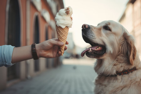 Cute dog eating ice cream in a waffle cone outdoors. Owner feeding his pet a gelato on summer day. Handing sweets to a dog. Generative AI.の素材