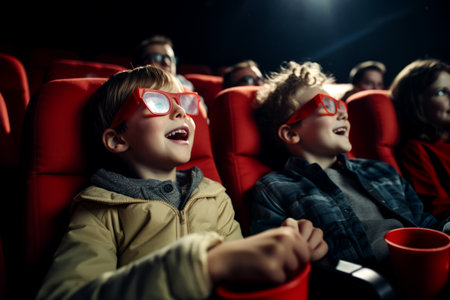 Group of kids wearing 3D-glasses watching a movie in cinema. Children with excited expressions on their faces. Generative AI.の素材