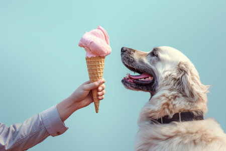 Cute dog eating ice cream in a waffle cone outdoors. Owner feeding his pet a gelato on summer day. Handing sweets to a dog. Generative AI.の素材