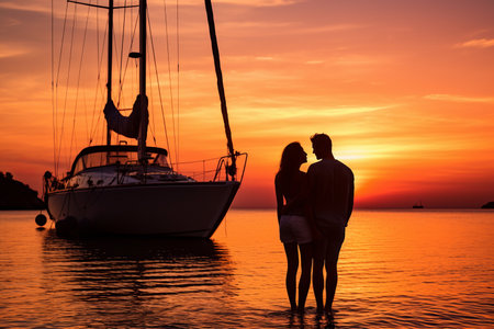 Lovely couple admiring sunset sitting on yacht deck while sailing in the sea. Handsome man and beautiful woman having romantic date. Luxury travel concept. Generative AI.の素材