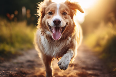 Friendly happy dog running in autumn park on sunny fall day. Walking a dog outdoors. Generative AI.の素材