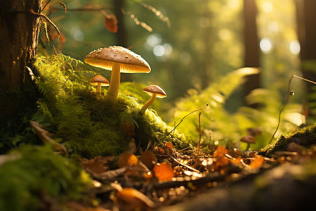 Fairytale mushrooms growing in green moss in sunny magical forest. Generative AI.の素材