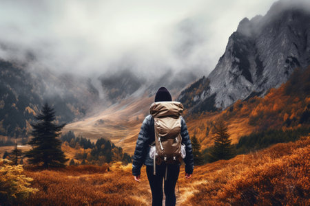 Man admiring beautiful foggy landscape in autumn mountains. Adventurous young man with backpack. Hiking and trekking on a nature trail. Traveling by foot. Generative AI.の素材