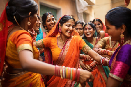 Beautiful Indian women wearing vivid colorful clothes singing and dancing during the Teej festival. Celebrating Hindu holidays. Generative AI.の素材