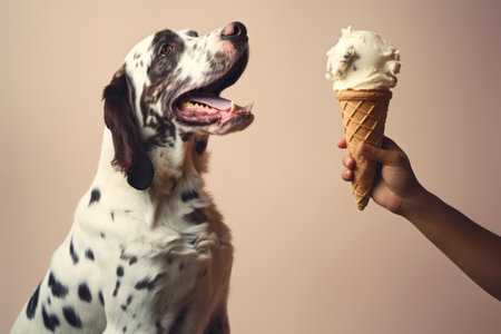 Cute dog eating ice cream in a waffle cone outdoors. Owner feeding his pet a gelato on summer day. Handing sweets to a dog. Generative AI.の素材