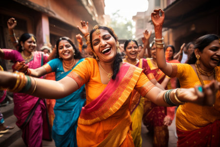 Beautiful Indian women wearing vivid colorful clothes singing and dancing during the Teej festival. Celebrating Hindu holidays. Generative AI.の素材