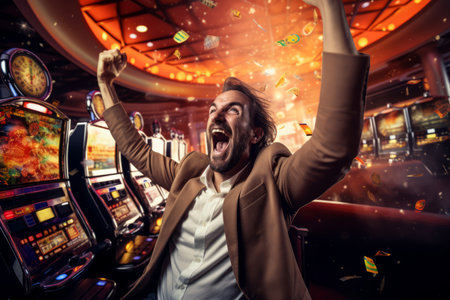Excited man celebrating winning money in the casino. Male player by the slot machines. Gambling addiction. Generative AI.の素材