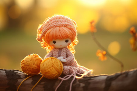 Decorative winter-themed knitted figurine. Cute knitted character in kawaii hat on sunny background. Generative AI.の素材