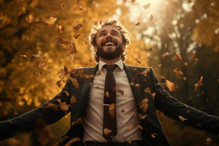 Cheerful businessman wearing suit feeling happy in autumn forest. Beautiful sunset on beautiful fall day. Taking a break from work. Generative AI.の素材
