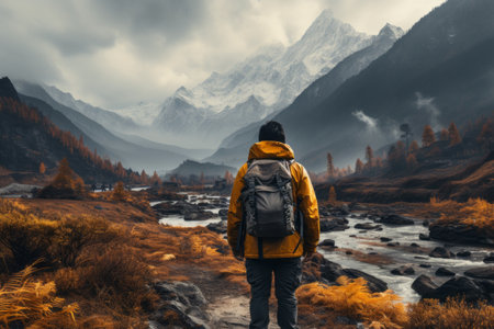 Man admiring beautiful foggy landscape in autumn mountains. Adventurous young man with backpack. Hiking and trekking on a nature trail. Traveling by foot. Generative AI.の素材