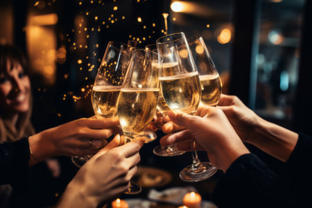 People celebrate and raise glasses of champagne for toast. Group of man and woman cheering with wine. Celebrating New Year's Eve. Generative AI.の素材