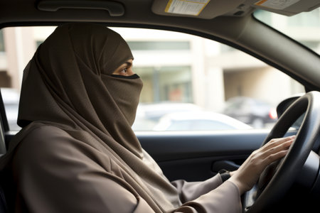 Beautiful Muslim woman wearing hijab driving a car. A girl with a headscarf holding a steering wheel. Generative AI.の素材